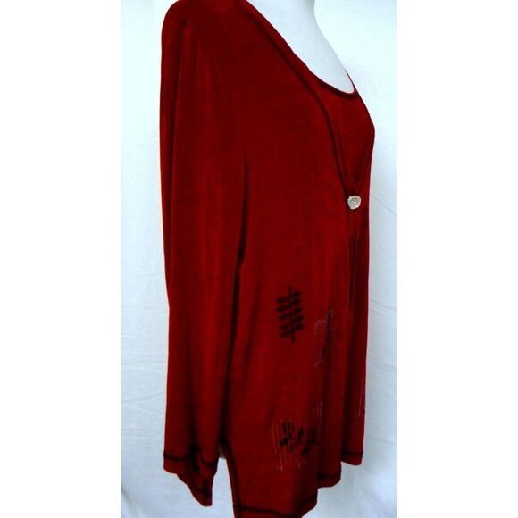 Piccalino Vtg Red Cardi Tank Traveler Tunic Length Asian Fern Faux 2Pc PLUS 18W - Picture 3 of 9